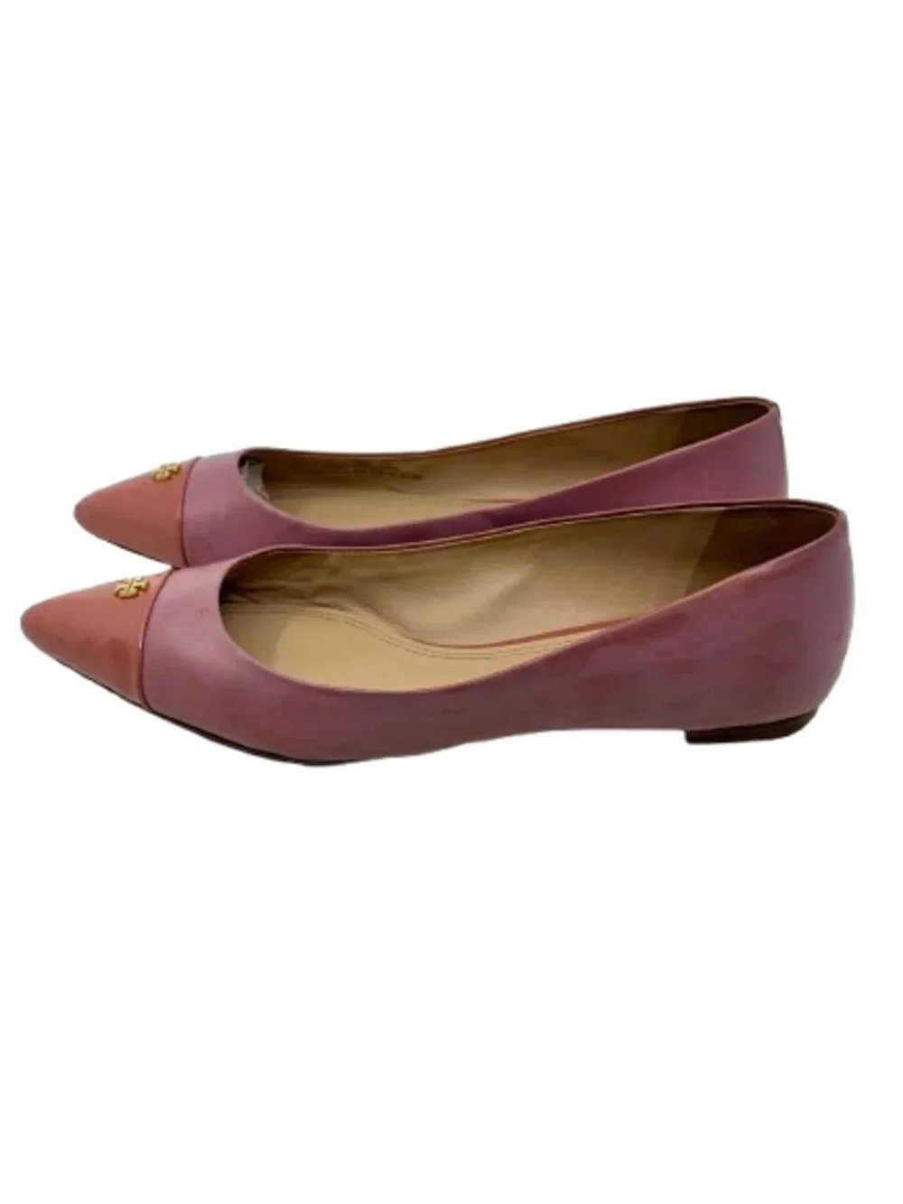 TORY BURCH~Fairfield~POINTED TOE CALF LEATHER BALLET FLATS Pink & Mauve Sz 8.5